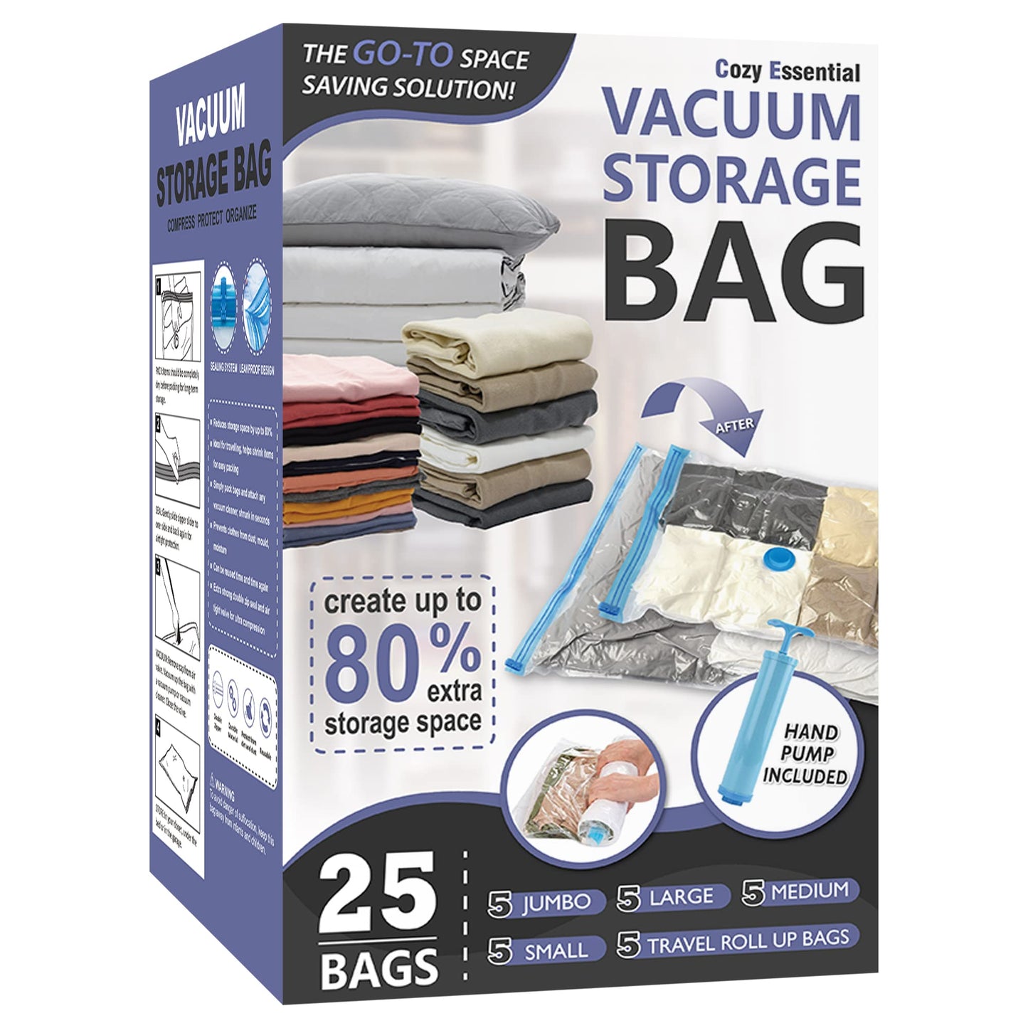 UNDER CONTRACT: 25 Pack Space Saver Bags (5 Jumbo/5 Large/5 Medium/5 Small/5 Roll) with Hand Pump