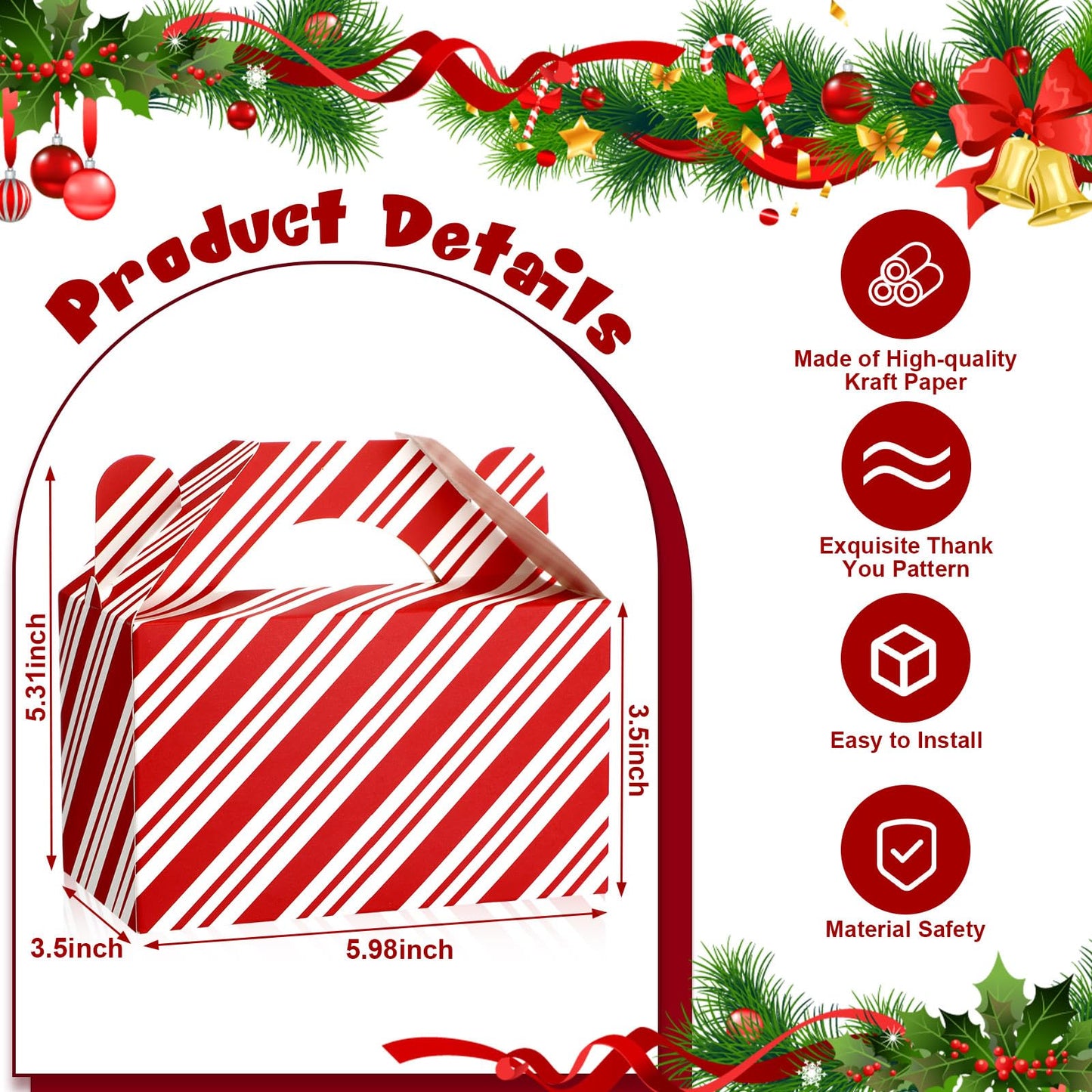 Cholemy Red and White Stripe Treat Boxes with Handle (50 pieces)