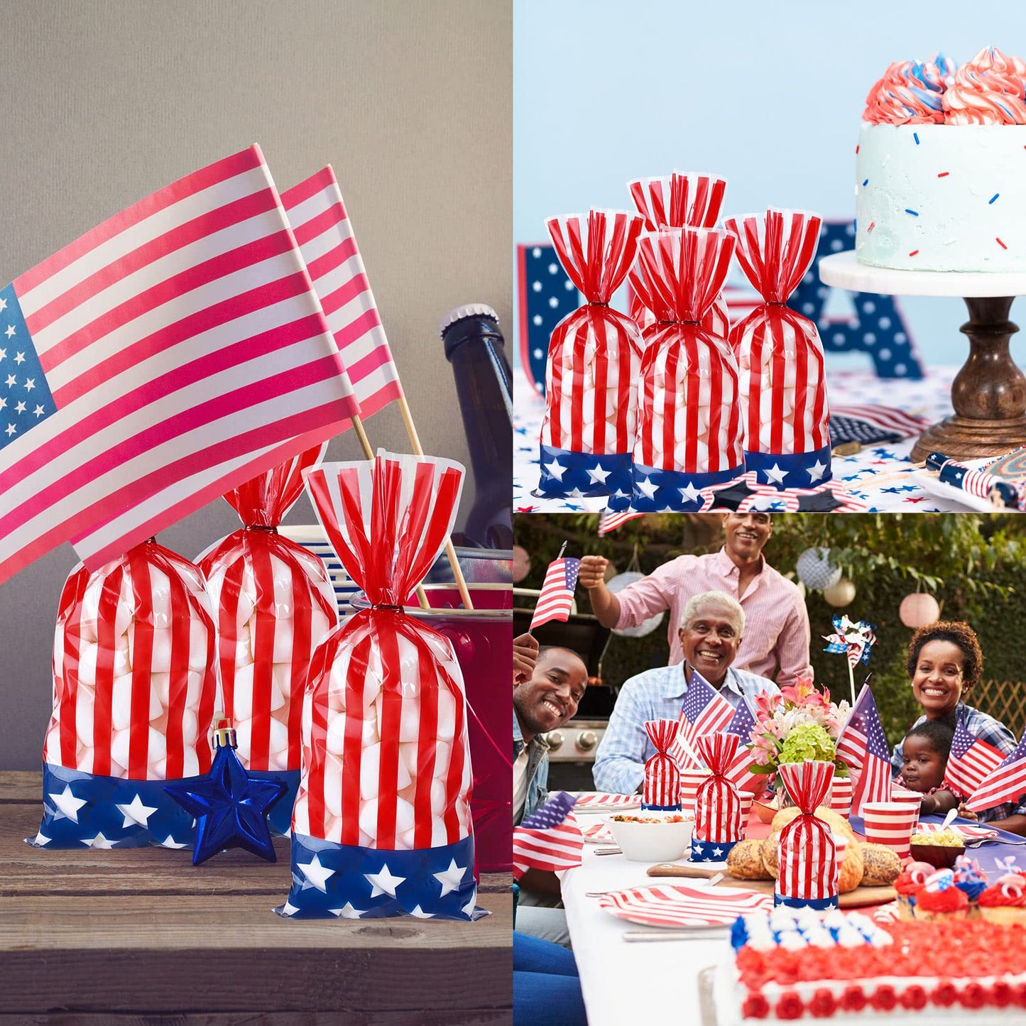 Whaline 150Pcs Patriotic Cello Candy Bags 4th of July Stars Stripes Cellophane Bags with Twist Tie American Flag Party Candy Goodie Treat Bag for Independence Day Memorial Day Party Favor Supplies