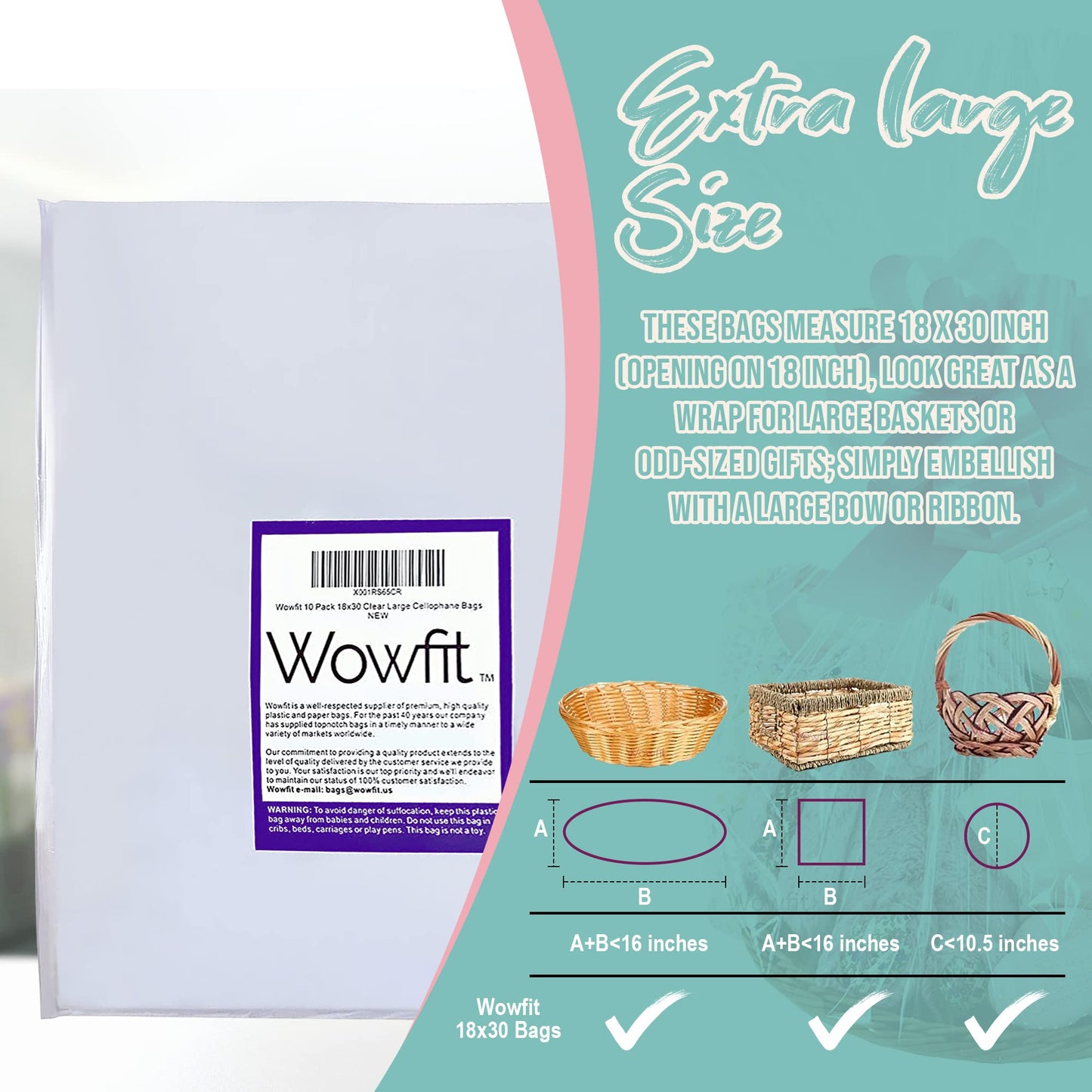 Wowfit Cello Bags,10 CT 18x30 inches Clear Cellophane Bags Perfect for Gift Baskets, Presents, Weddings, Bridal/Baby Showers and More (Flat, No Gusset, Ribbon Not included)