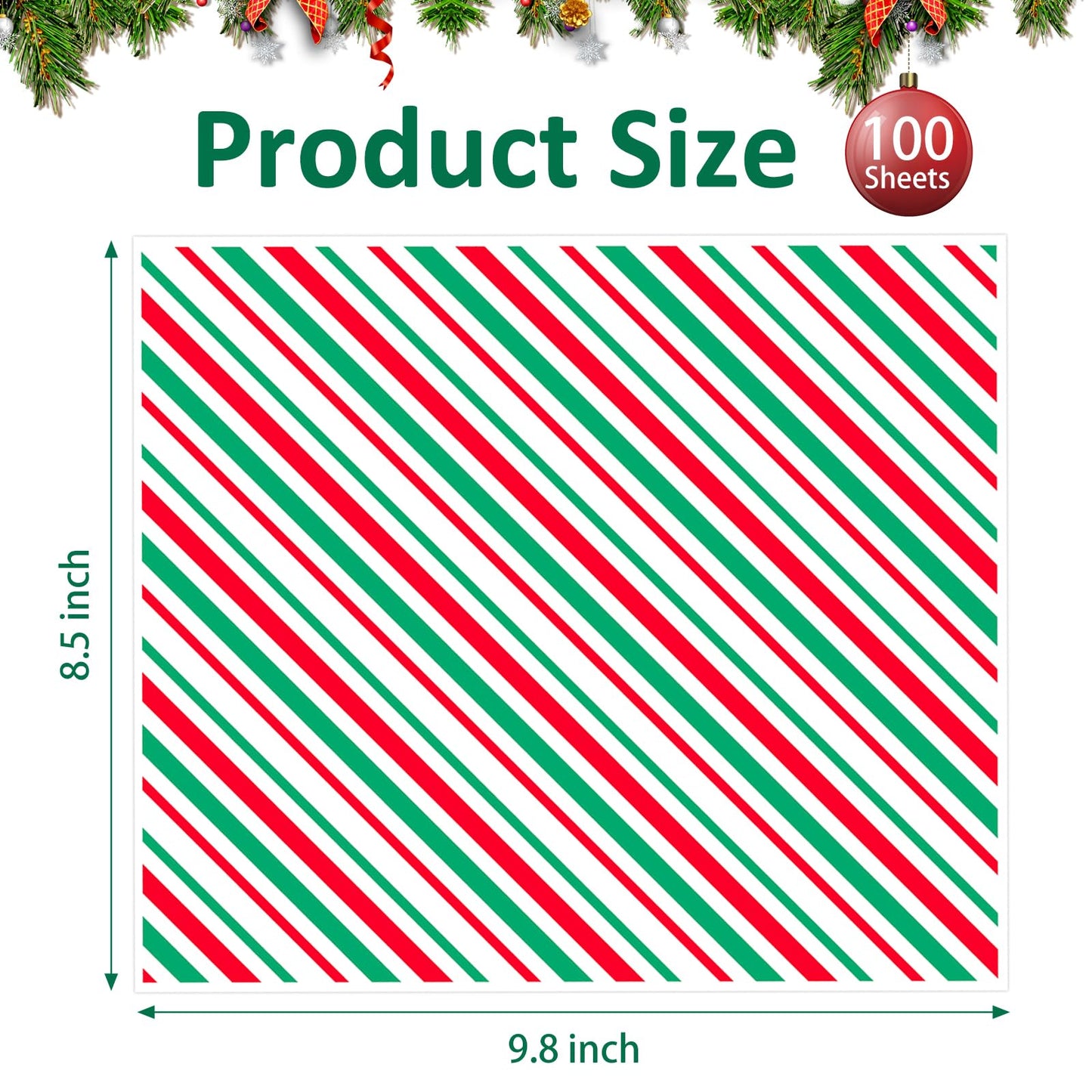 Zezzxu 100 Sheets Christmas Wax Paper - Red and Green Stripe Xmas Deli Food Wrapping Paper Grease Resistant Basket Liners for Sandwich, Candy, Cookie (9.8 x 8.5 Inches)