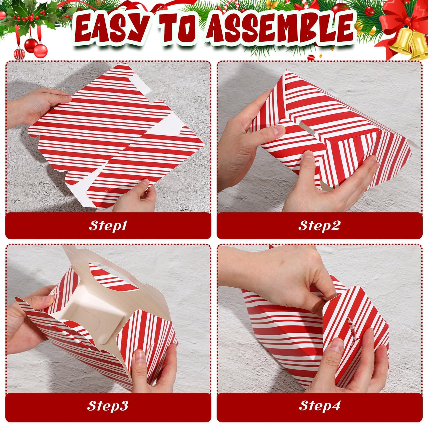 Cholemy Red and White Stripe Treat Boxes with Handle (50 pieces)