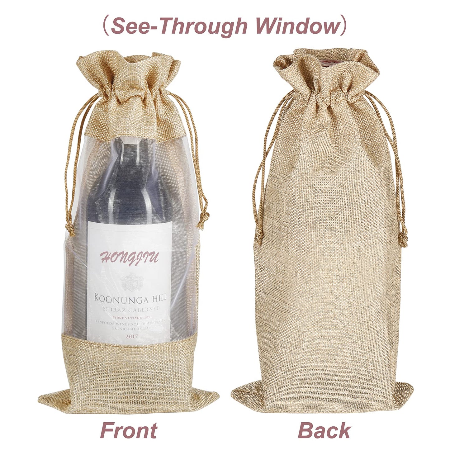 Burlap Drawstring Wine Bottle Gift Bags with Sheer Window (10 Pieces)