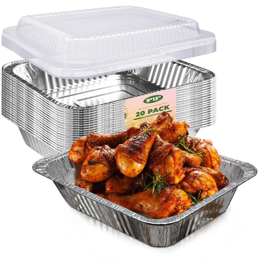 YLT WAX 9x13 Disposable Aluminum Pans With Lids 20 Pack, Half Size Deep Extra Heavy Duty Disposable Foil Pans For Baking, Cooking, Roasting, Heating or Steam Table