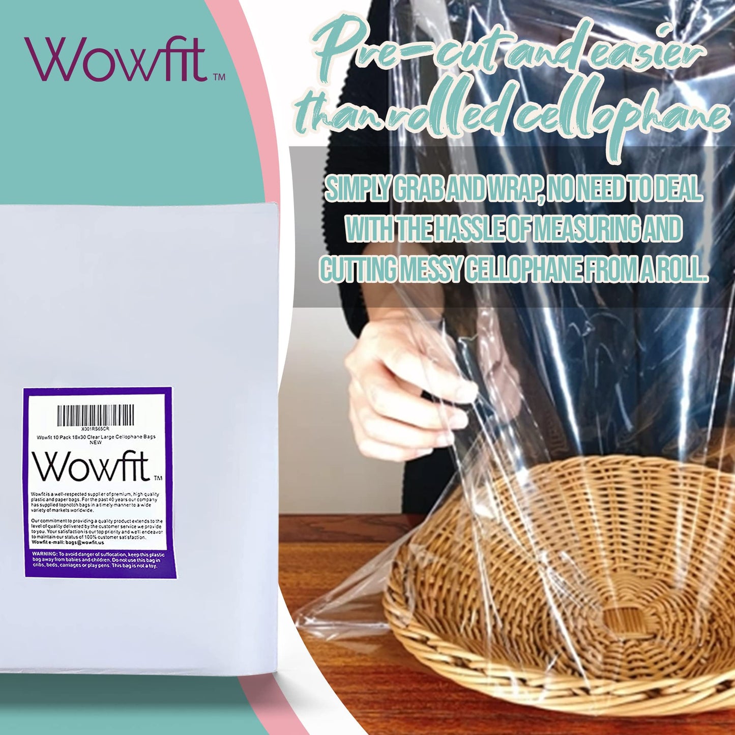 Wowfit Cello Bags,10 CT 18x30 inches Clear Cellophane Bags Perfect for Gift Baskets, Presents, Weddings, Bridal/Baby Showers and More (Flat, No Gusset, Ribbon Not included)