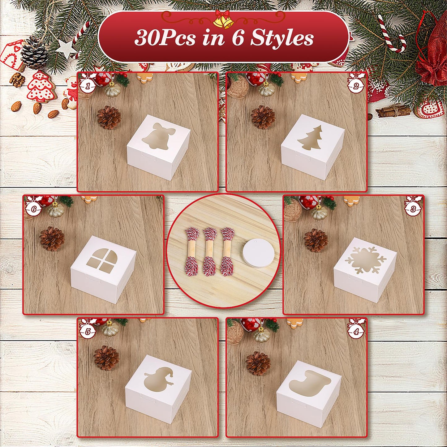 COTOPHER White Christmas Cookie Boxes with Window, 4" x 4" x 2.5" (30 pieces)